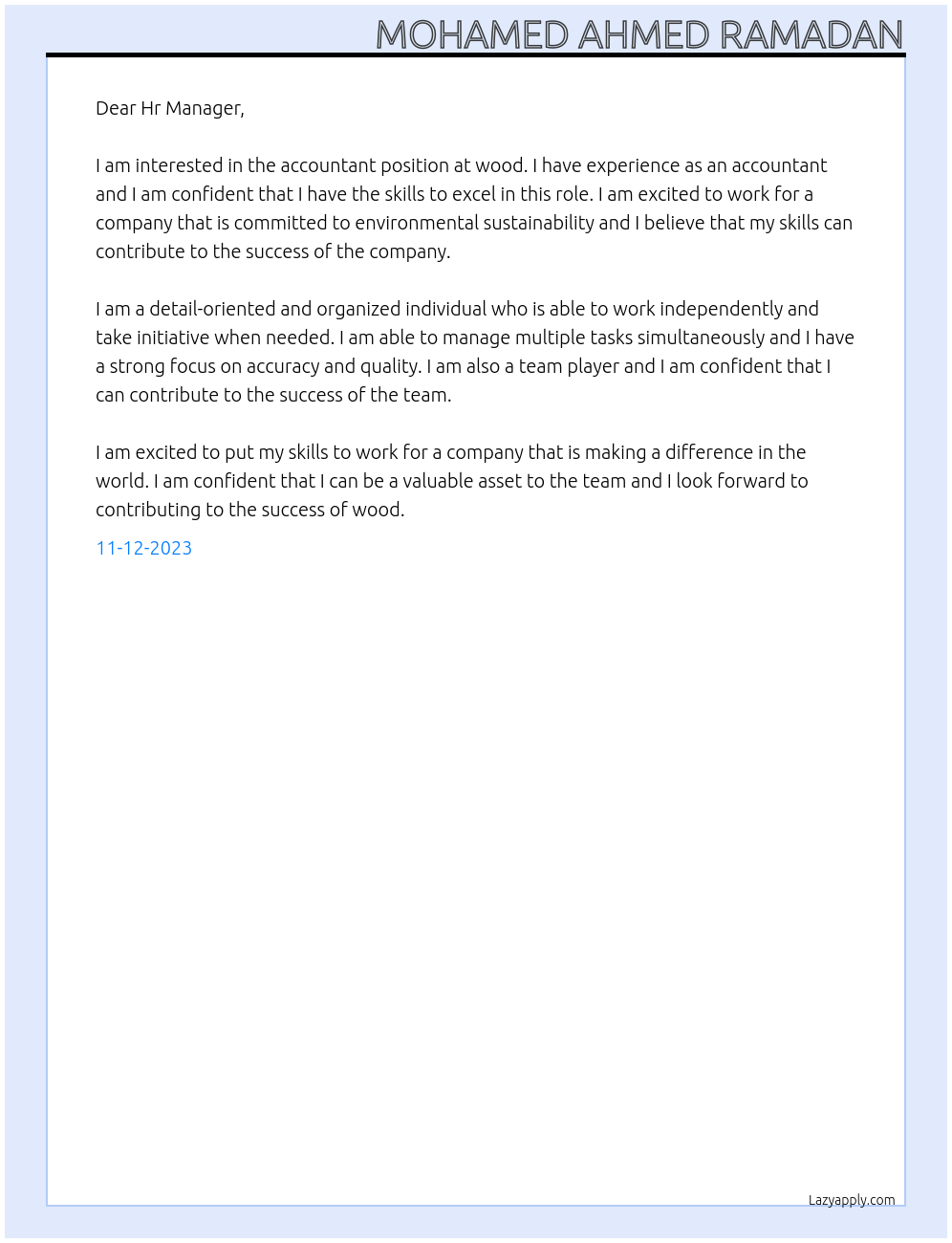 Accountant At wood. Cover Letter