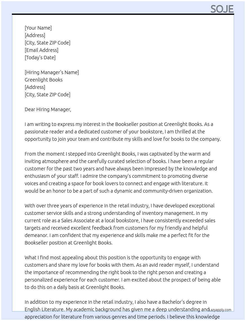 bookseller At greenlight books Cover Letter