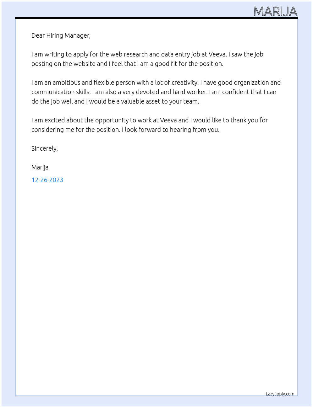 web research and data entry job At Veeva Cover Letter