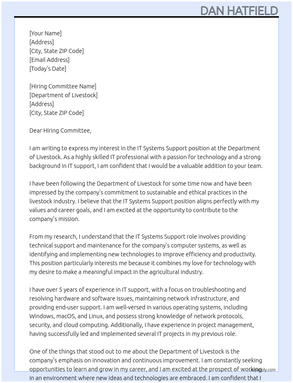 IT Systems Support At Department of Livestock Cover Letter