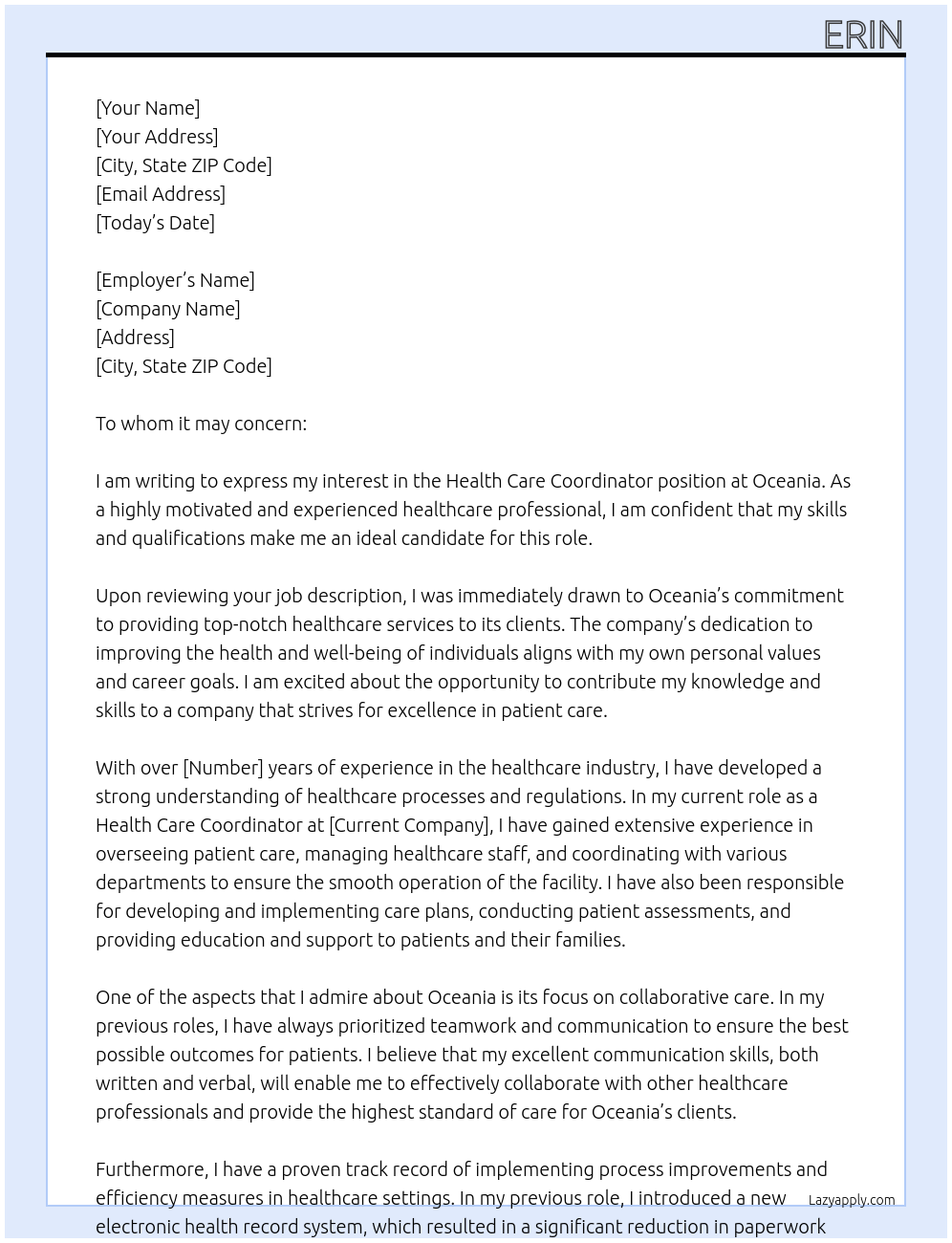 Health care coordinator  At Oceania Cover Letter