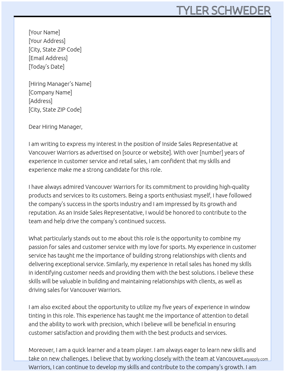 Inside Sales Representative At Vancouver Warriors Cover Letter