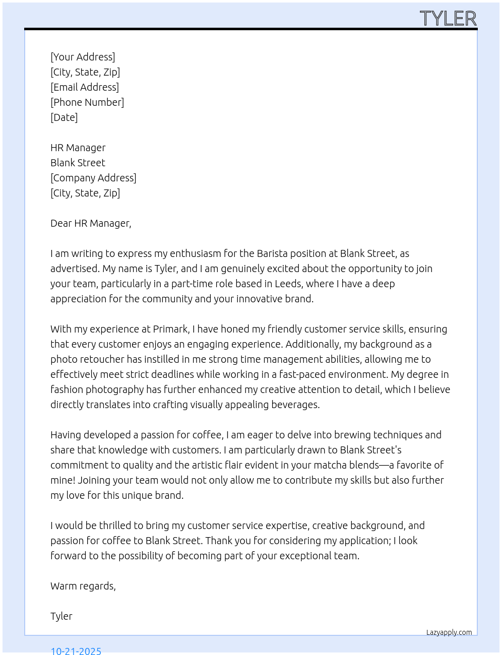 Barista At Blank Street Cover Letter