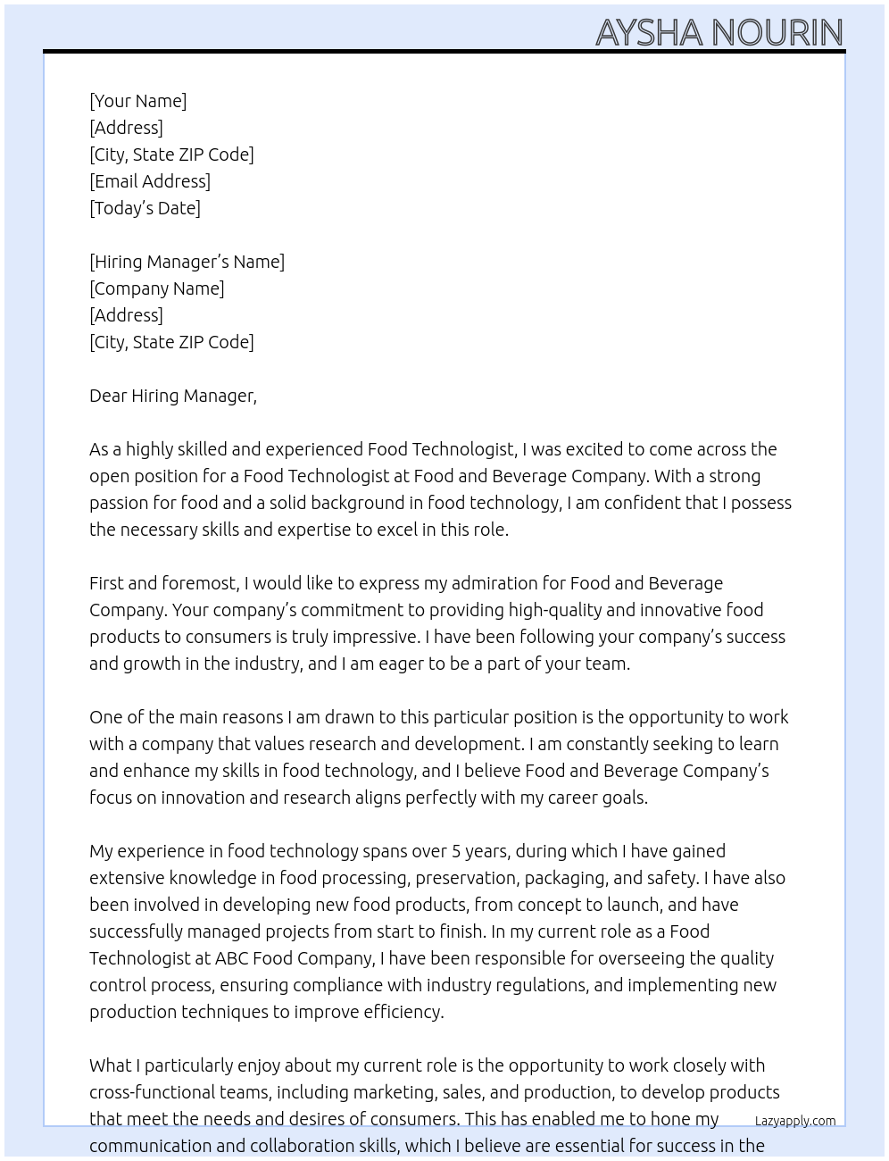 Food technologist  At Food and beverage company Cover Letter
