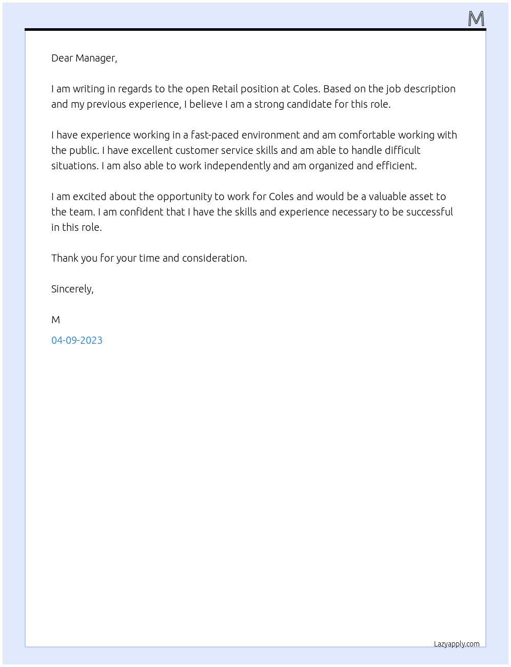 Retail At Coles Cover Letter