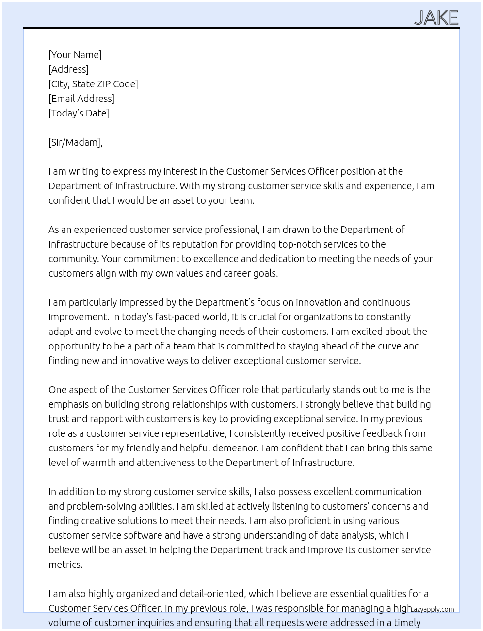Customer Services Officer At Department of Infrastructure Cover Letter