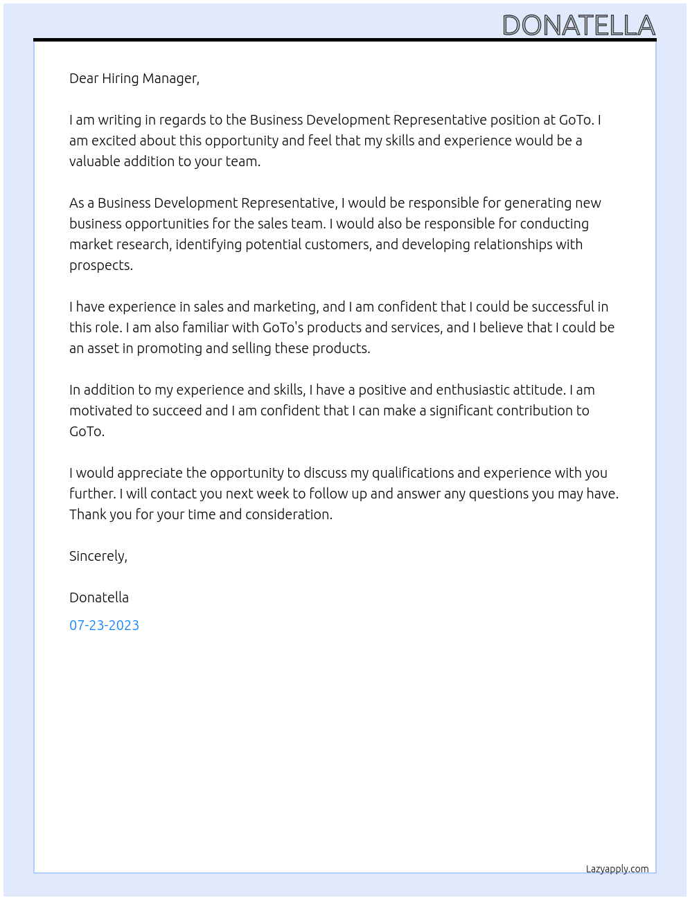 Business Development Representative At GoTo Cover Letter