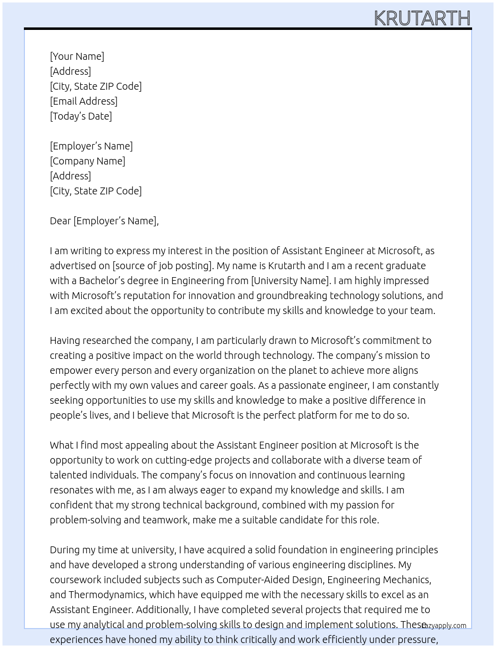 assistant engineer At microsoft Cover Letter