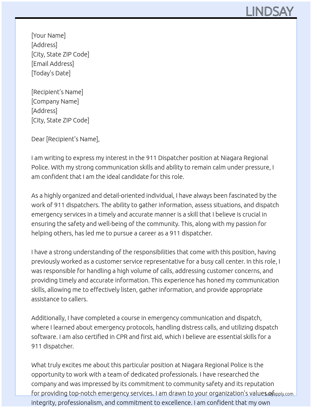 911 dispatcher At Niagara Regional Police Cover Letter