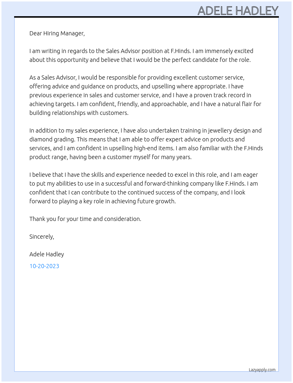 Sales Advisor At F.Hinds Cover Letter