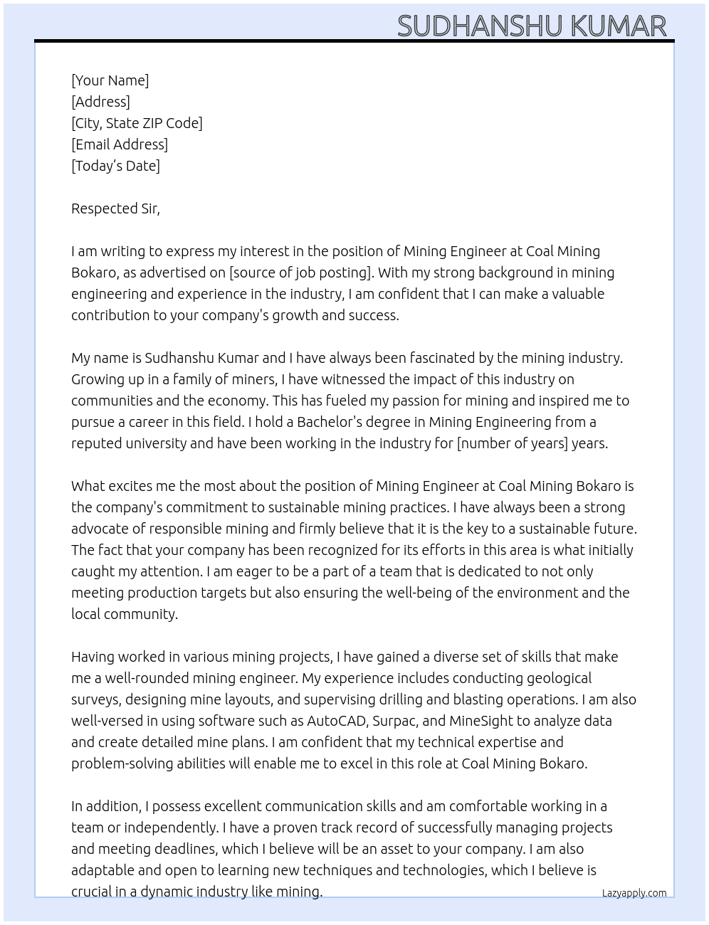 Mining Engineer At COAL MINING BOKARO Cover Letter