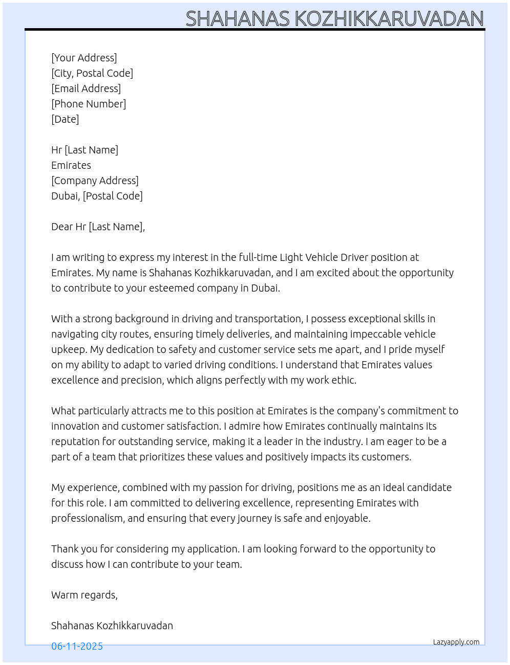 Light vehicle driver At Emirates Cover Letter