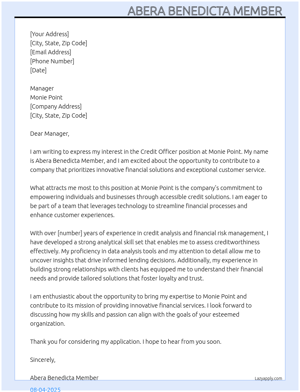 Credit officer At Monie point  Cover Letter