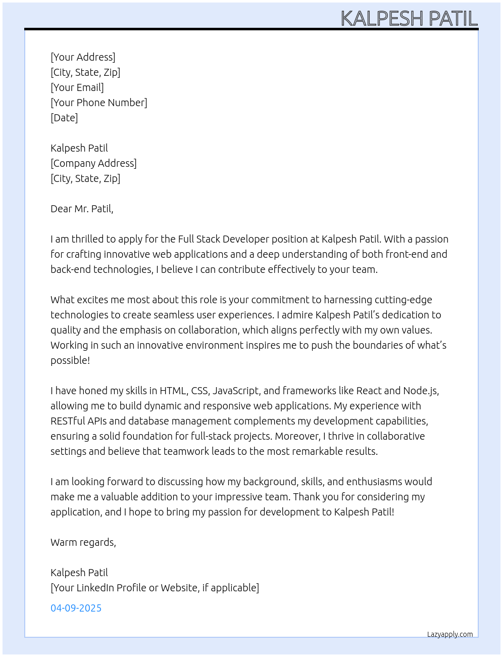 Full Stack Developer At Kalpesh Patil Cover Letter