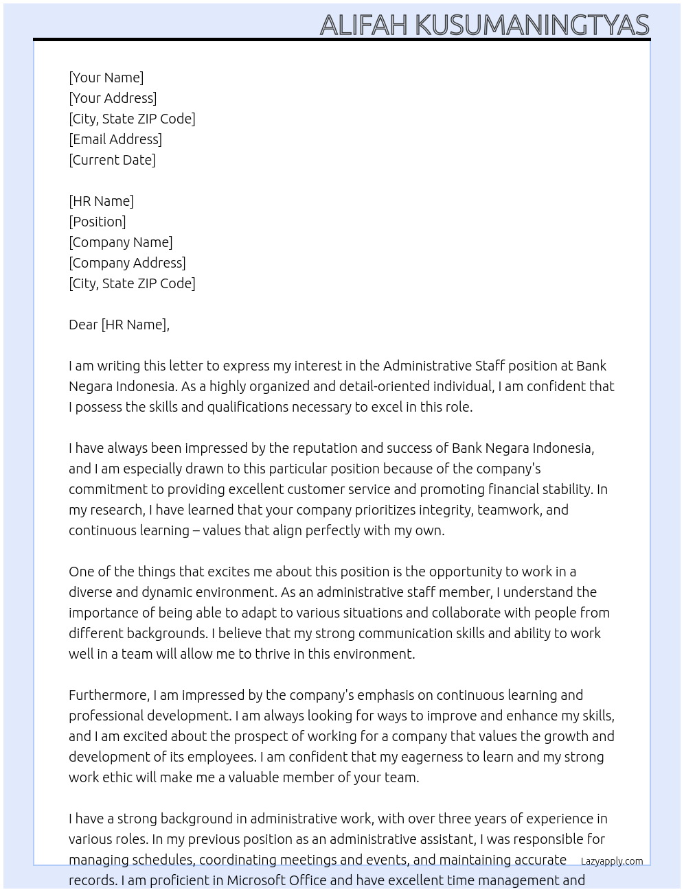 Administrative Staff At Bank Negara Indonesia Cover Letter