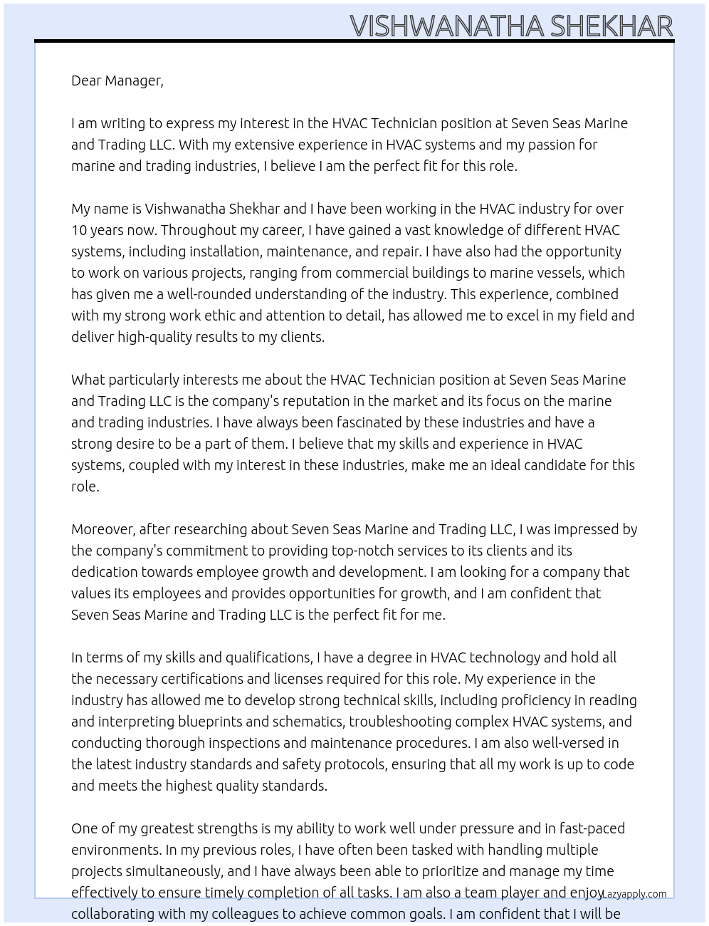 HVAC TECHNICIAN At Seven Seas Marine and Trading LLC Cover Letter