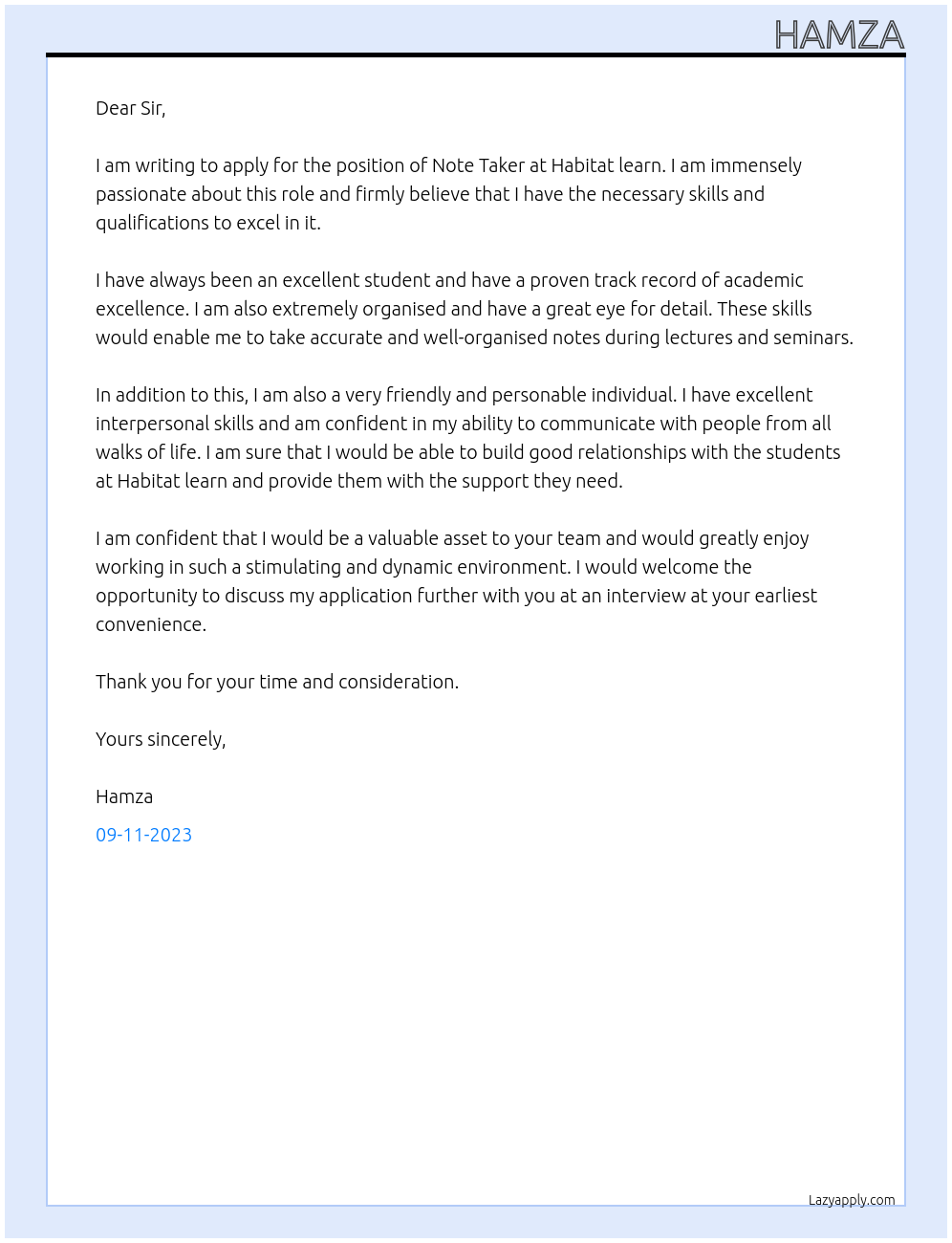 Note taker At Habitat learn Cover Letter
