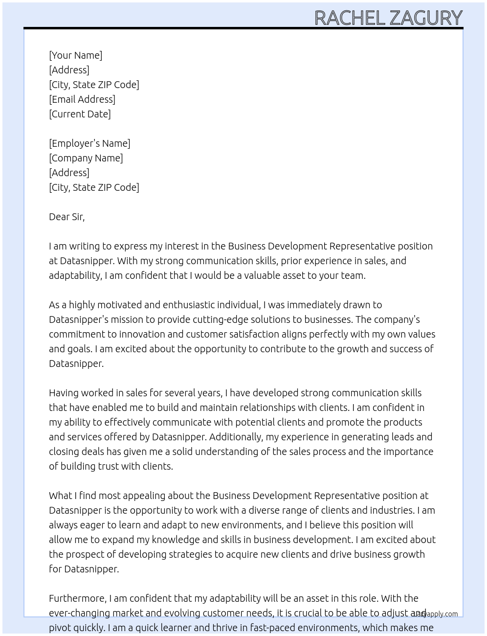 Business Development Representative At Datasnipper Cover Letter