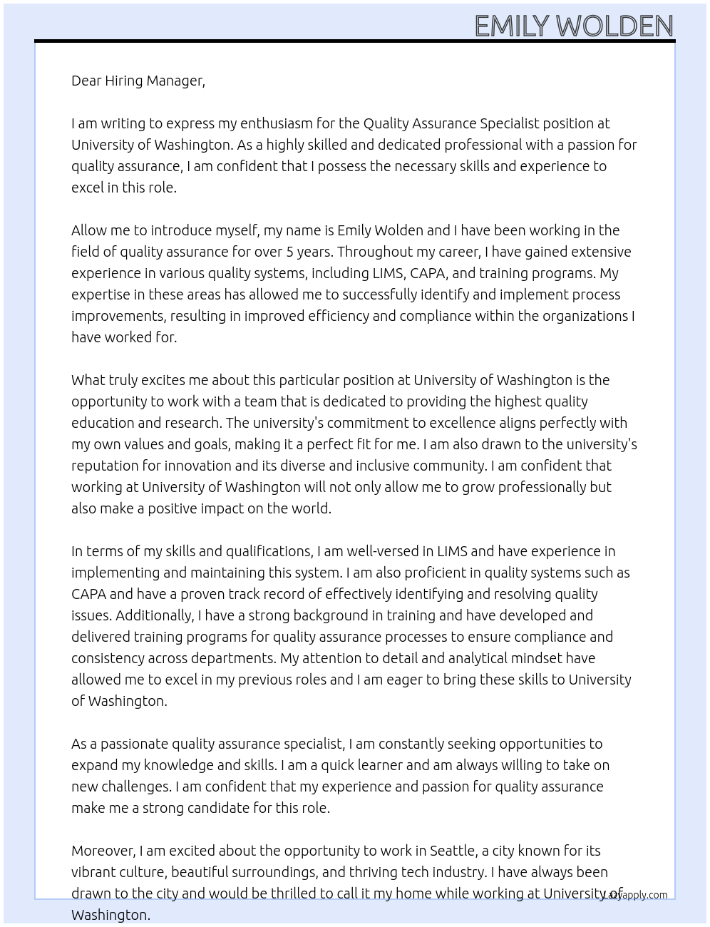 Quality Assurance Specialist At University of Washington Cover Letter