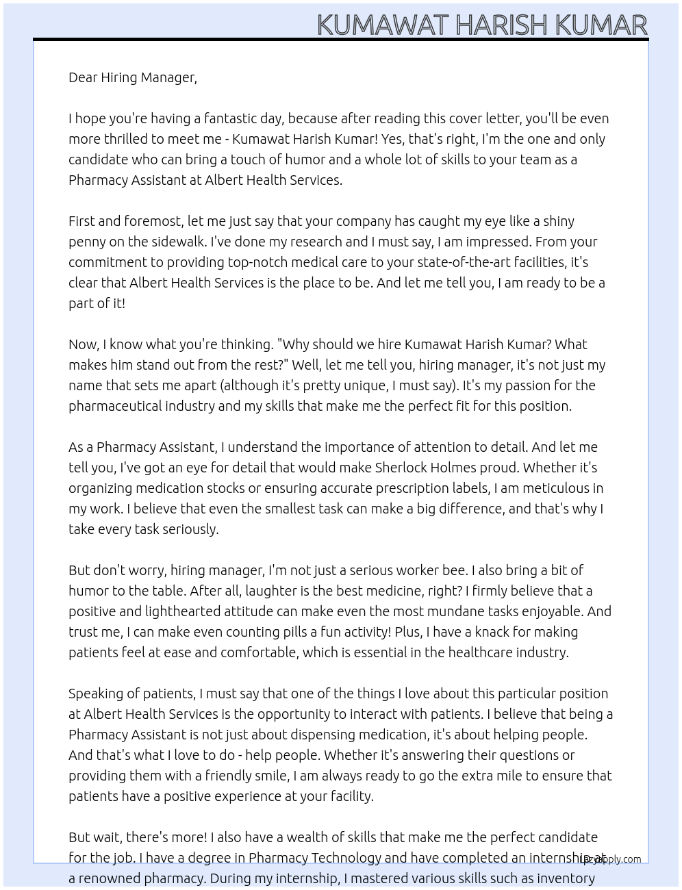 Pharmacy Assistant  At Albert Health Services  Cover Letter