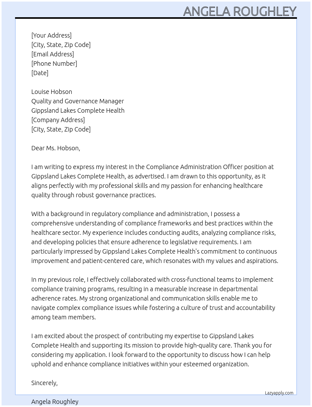Cover letter for compliance administration officer - LazyApply
