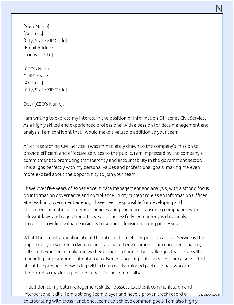 Information officer At Civil service Cover Letter