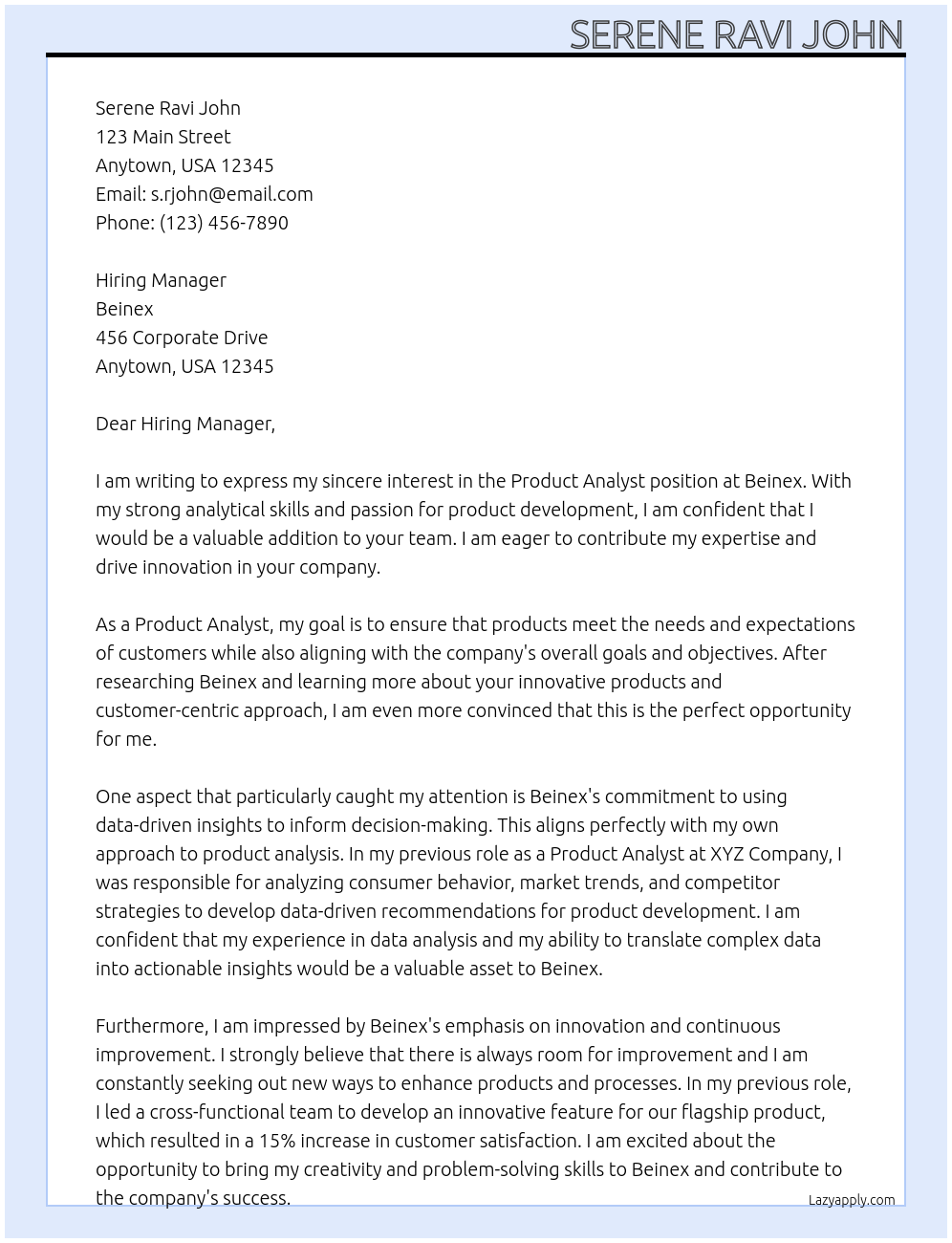 Product Analyst At Beinex Cover Letter