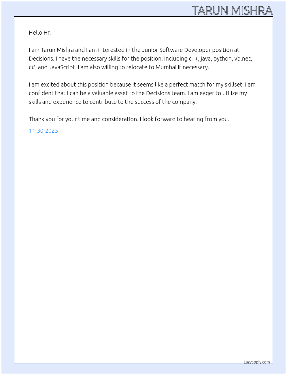 Junior Software Developer At Decisions Cover Letter