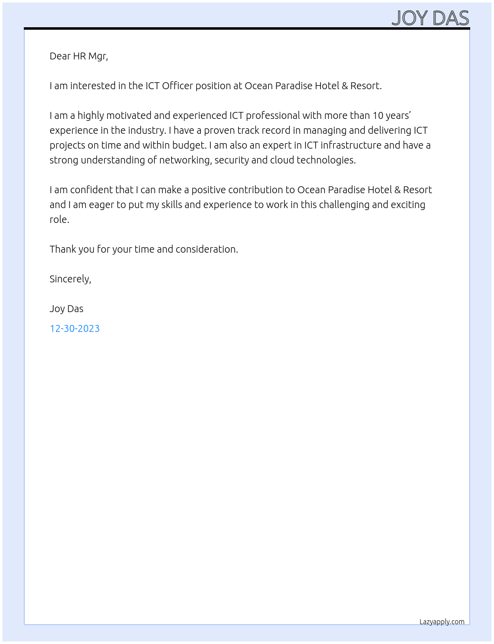 ICT Officer At Ocean Paradise Hotel & Resort Cover Letter