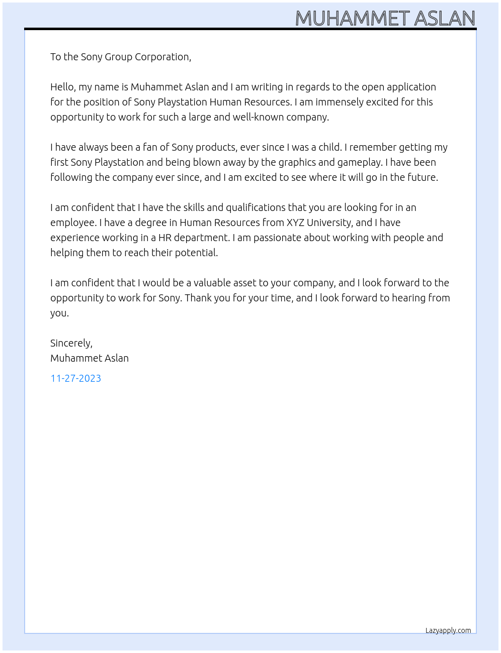 Open Application At Sony Group Corporation Cover Letter