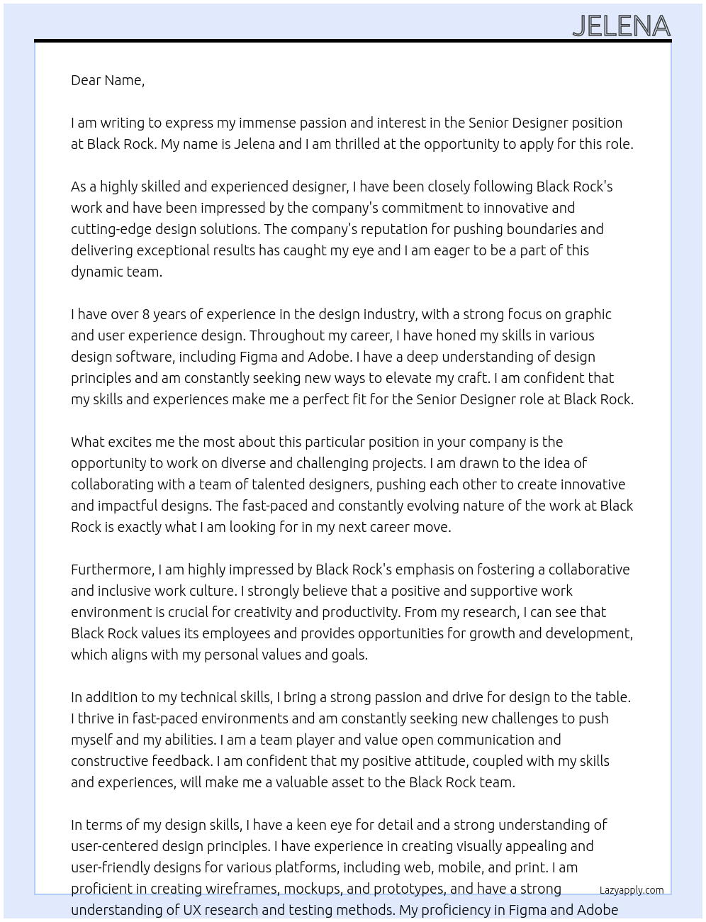 Senior designer At Black rock Cover Letter