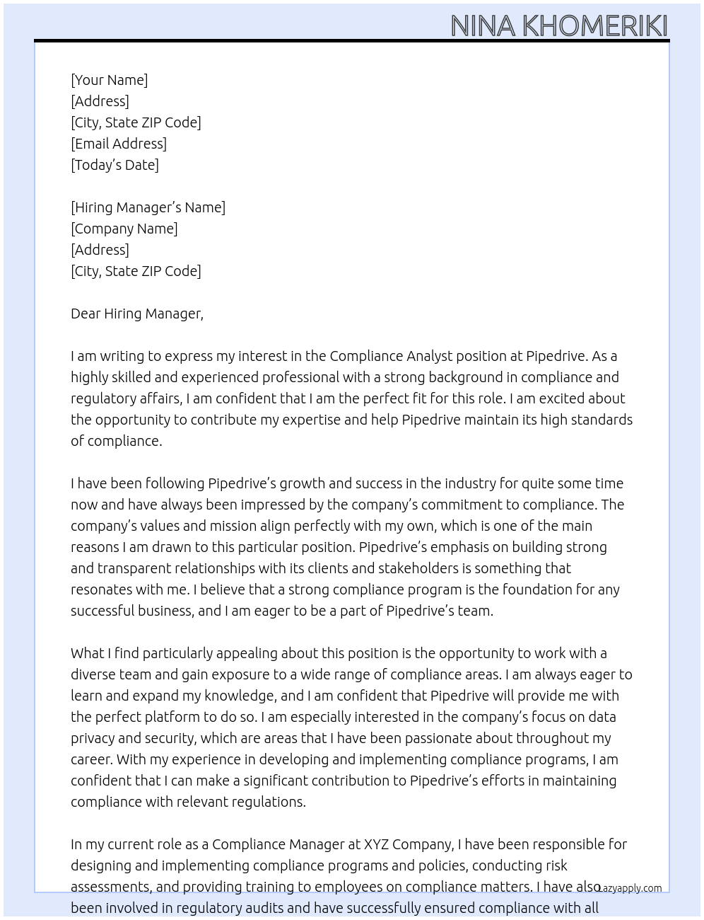 Compliance Analyst At Pipedrive Cover Letter