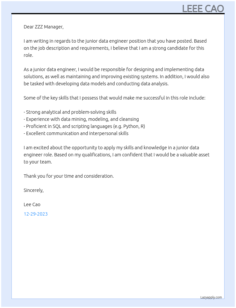 junior data engineer At zzz automotives Cover Letter