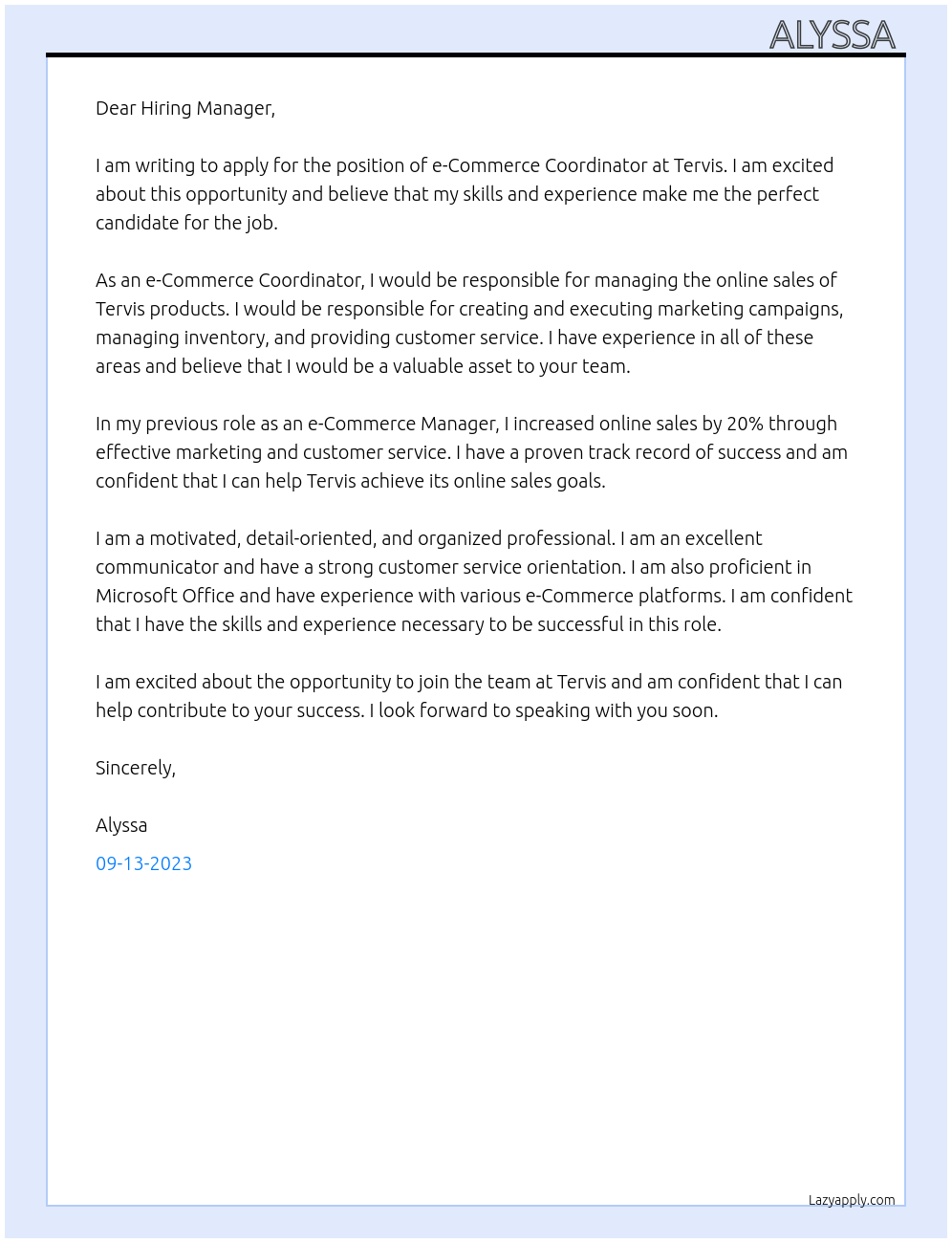 e-Commerce Coordinator At Tervis Cover Letter