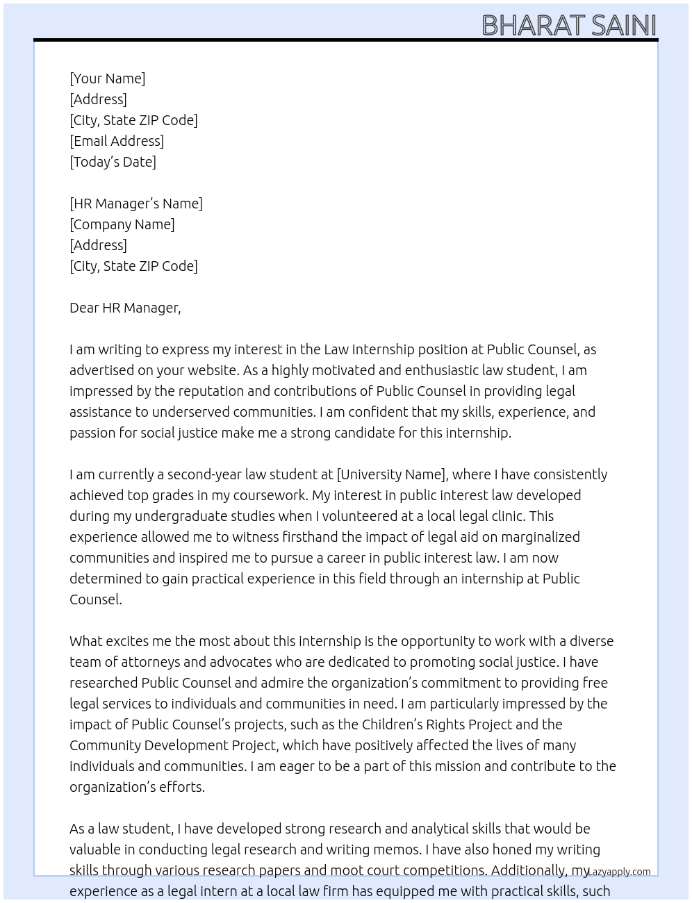 LAW INTERNSHIP At PUBLIC COUNSEL Cover Letter