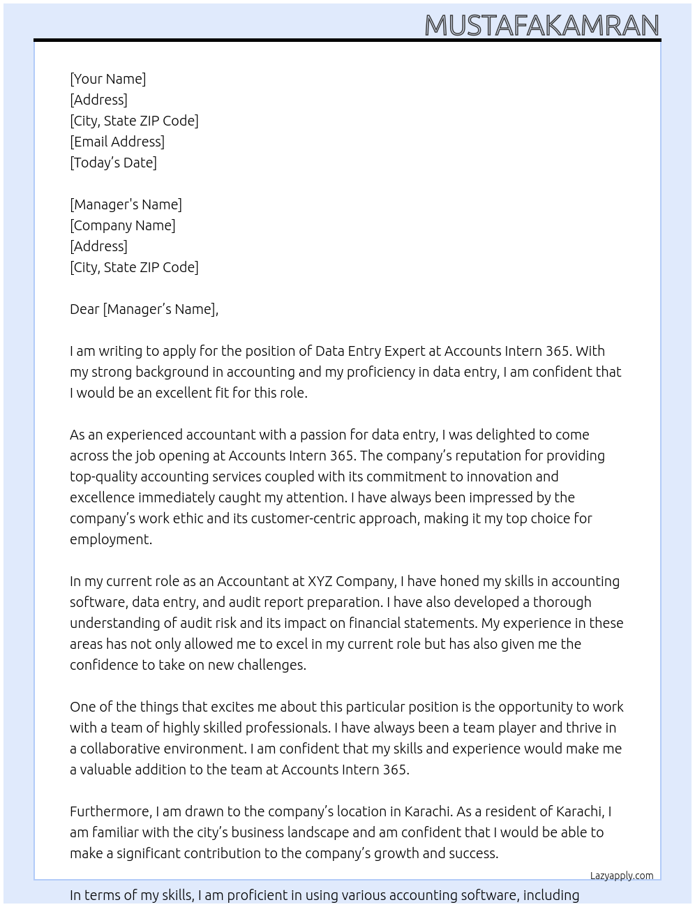 Data entry expert At Accounts intern 365 Cover Letter