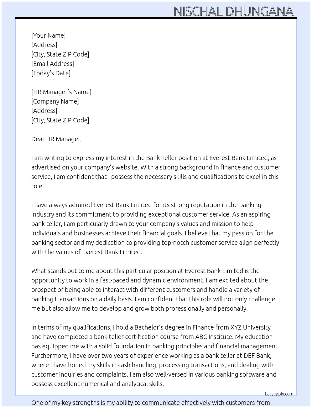 Bank Teller At Everest Bank Limited Cover Letter