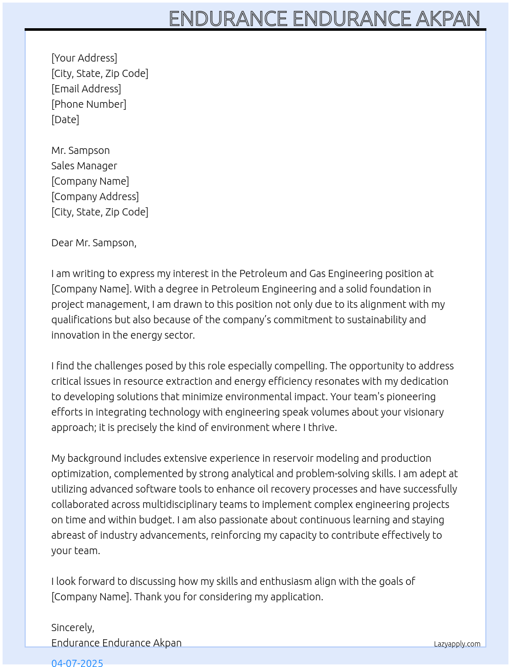 Petroleum and Gas Engineering  At Sales manager Cover Letter