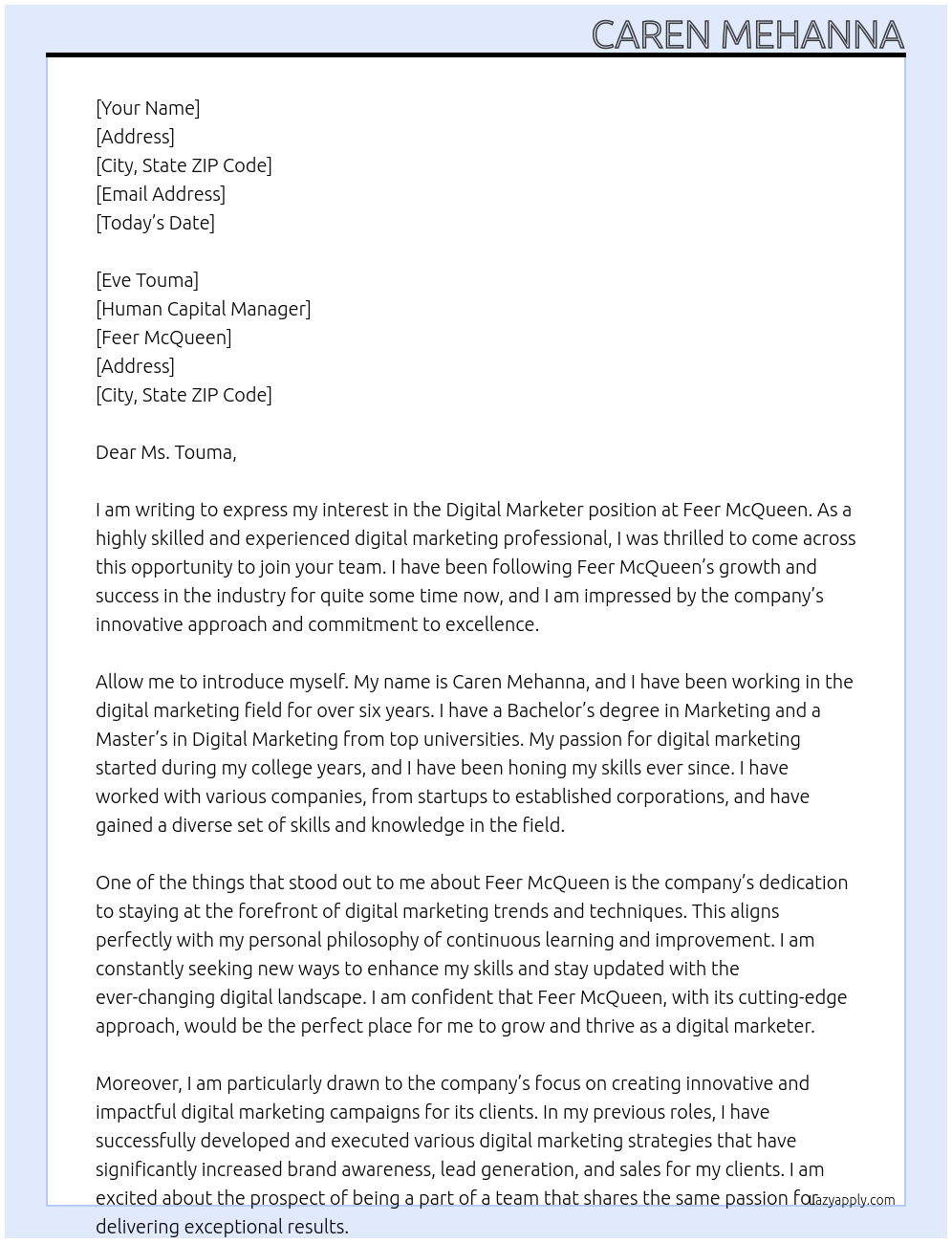 Digital Marketer At Feer McQueen Cover Letter