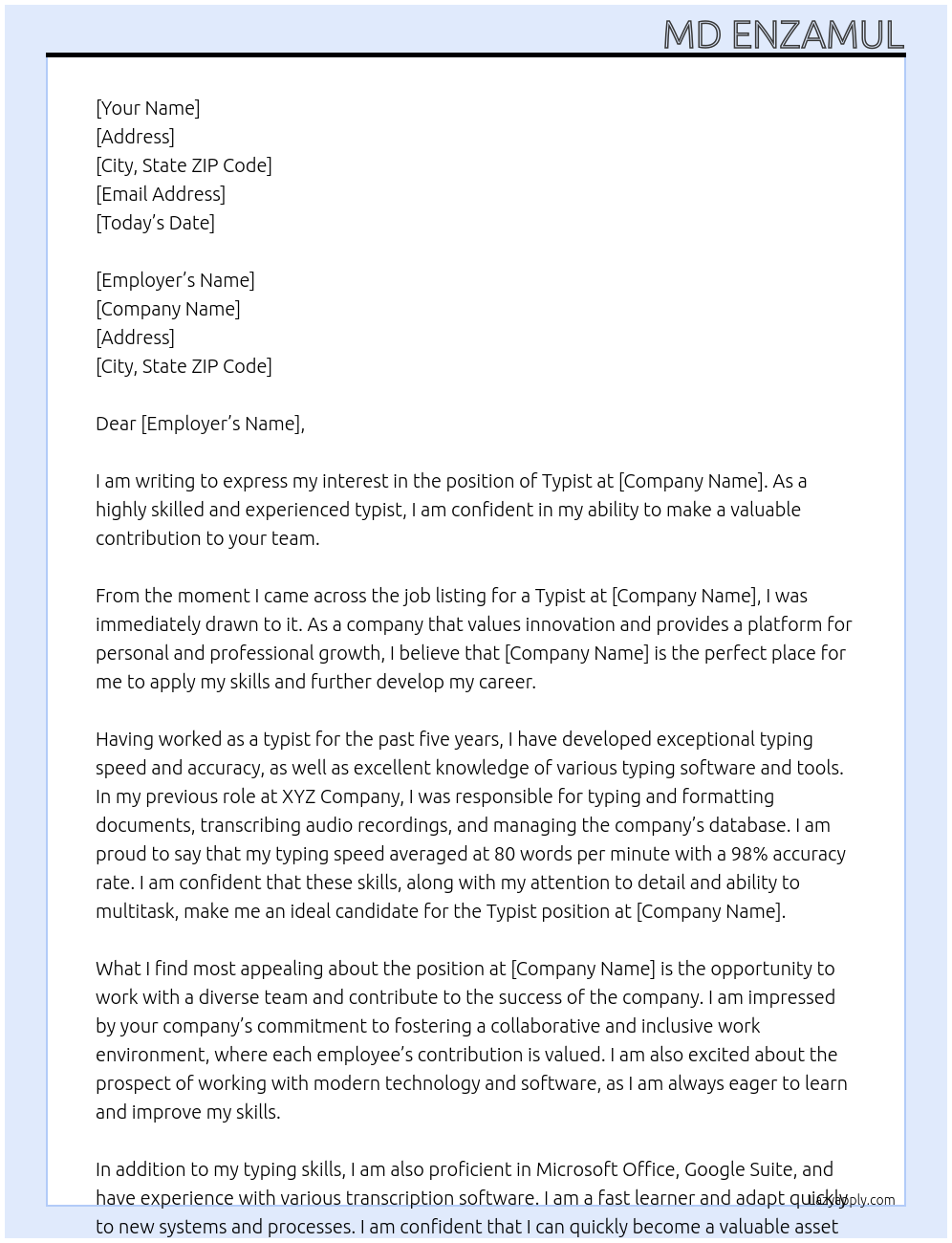 typing At your Cover Letter