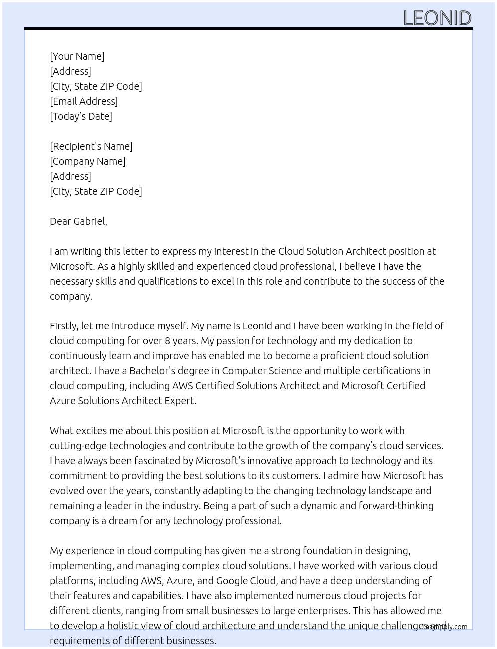 Cloud Solution Architect At Microsoft Cover Letter