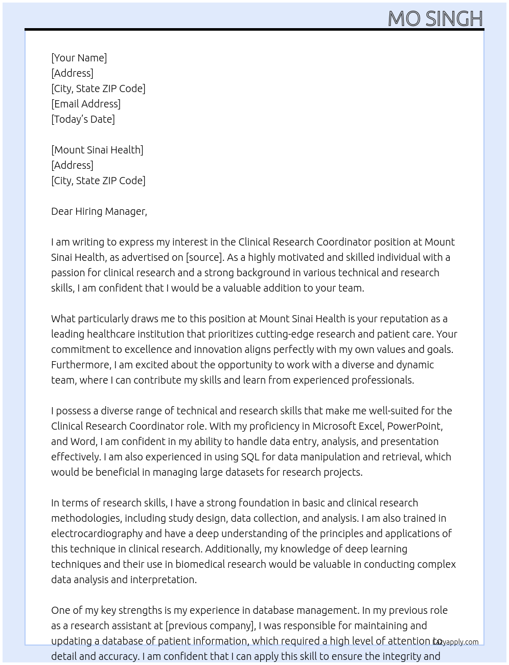 Clinical Research Coordinator At Mount Sinai Health Cover Letter