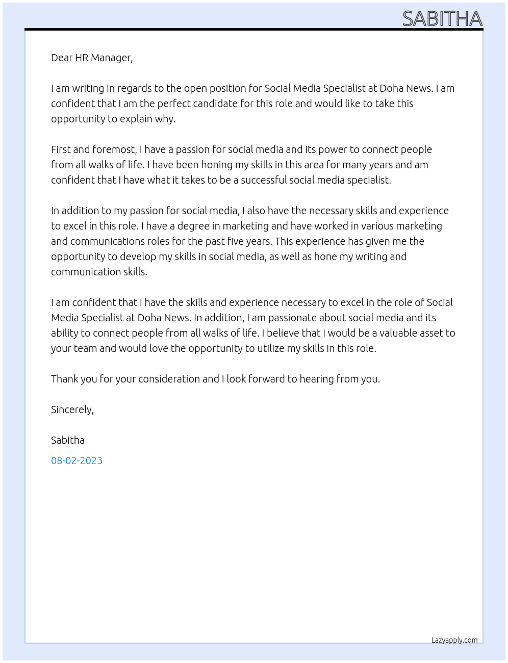 SOCIAL MEDIA SPECIALIST At Doha News Cover Letter