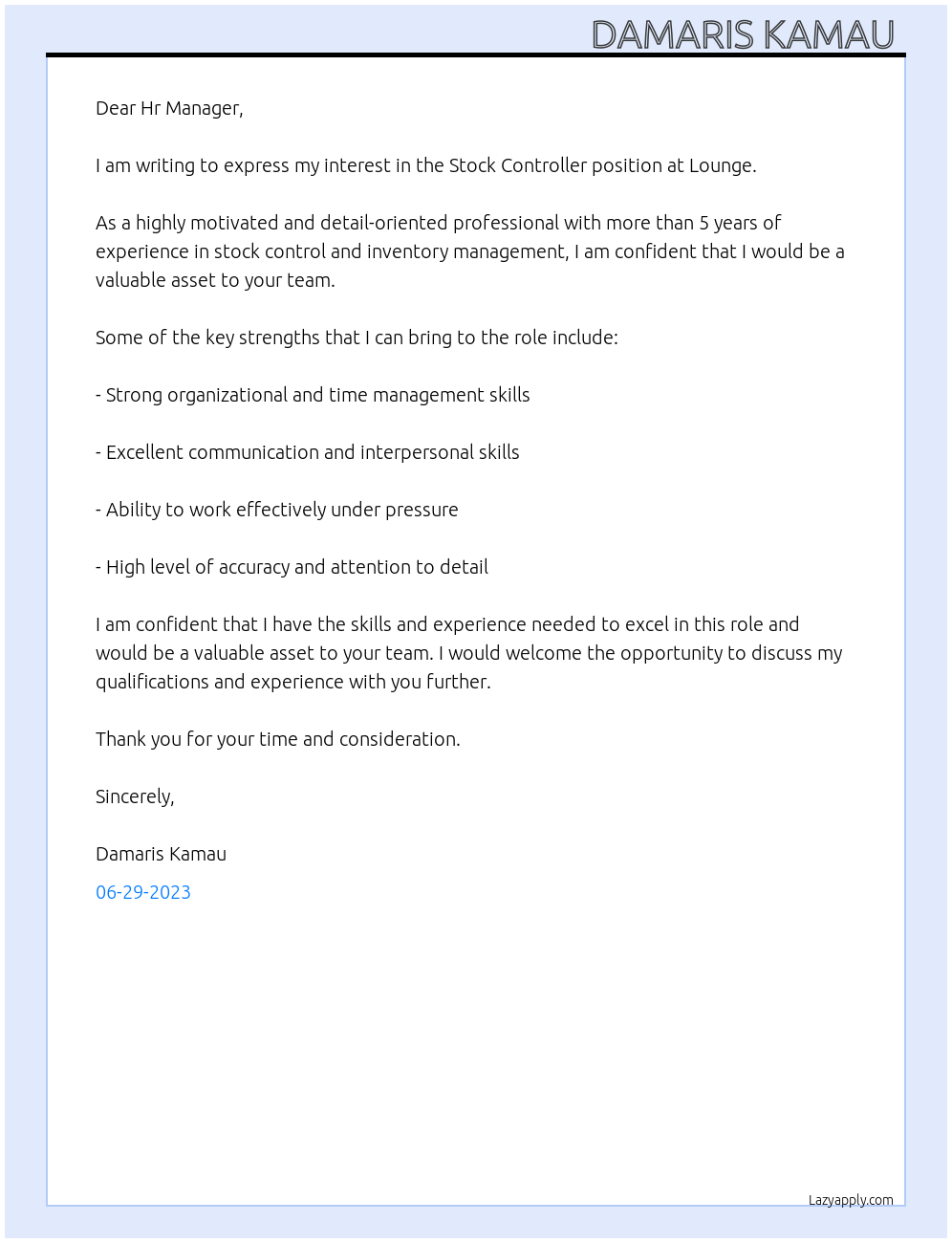 Stock Controller At Lounge Cover Letter