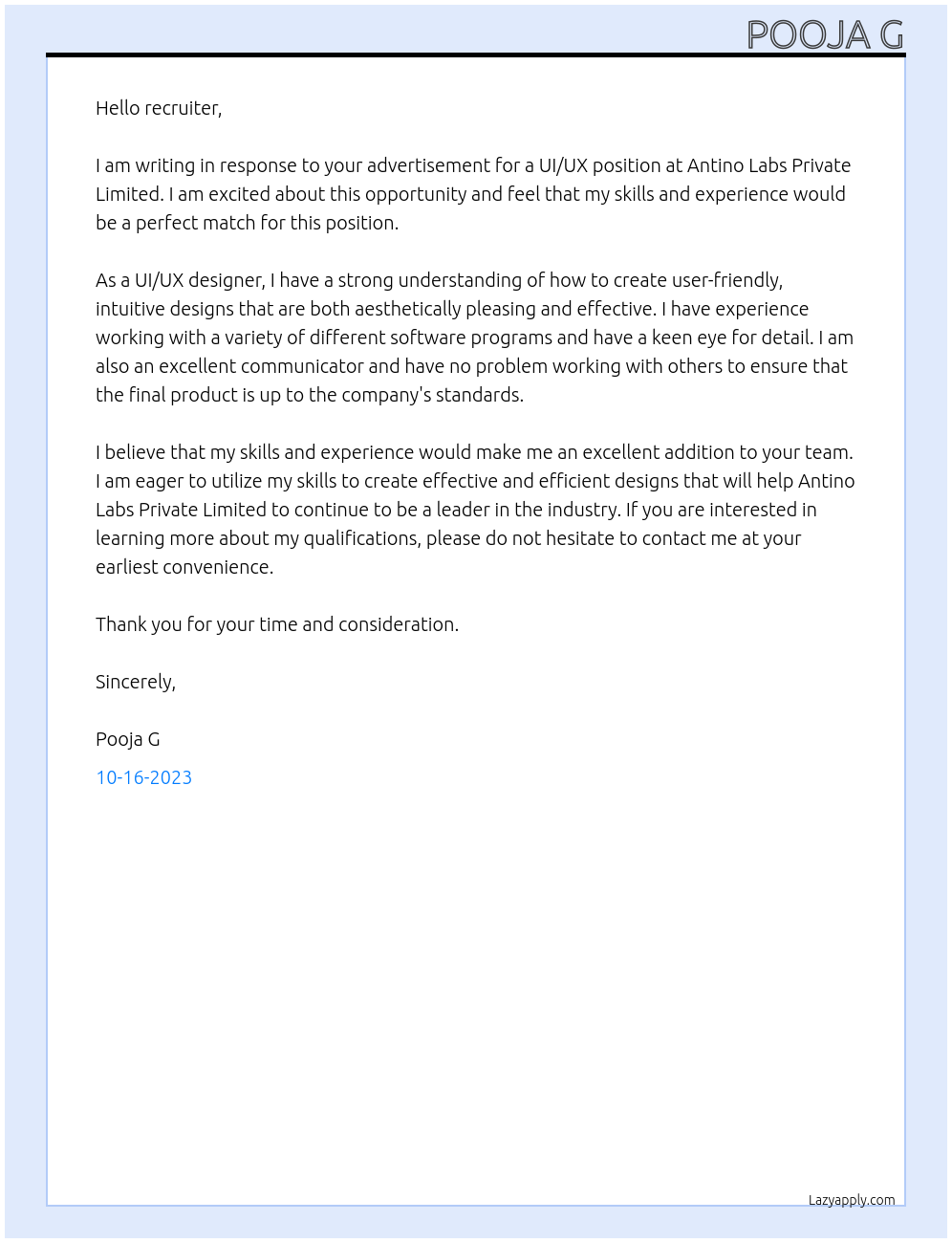 ui/ux At Antino Labs Private Limited Cover Letter
