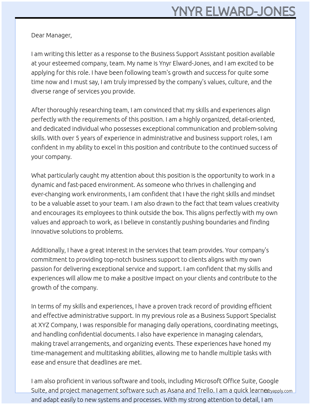 Business Support Assistant At team Cover Letter