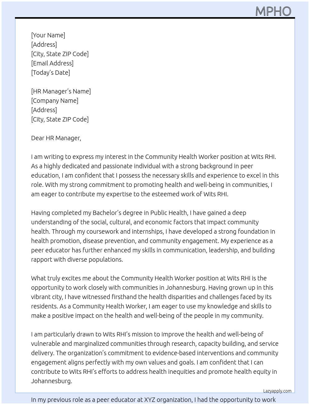 Community Health Worker At Wits RHI Cover Letter