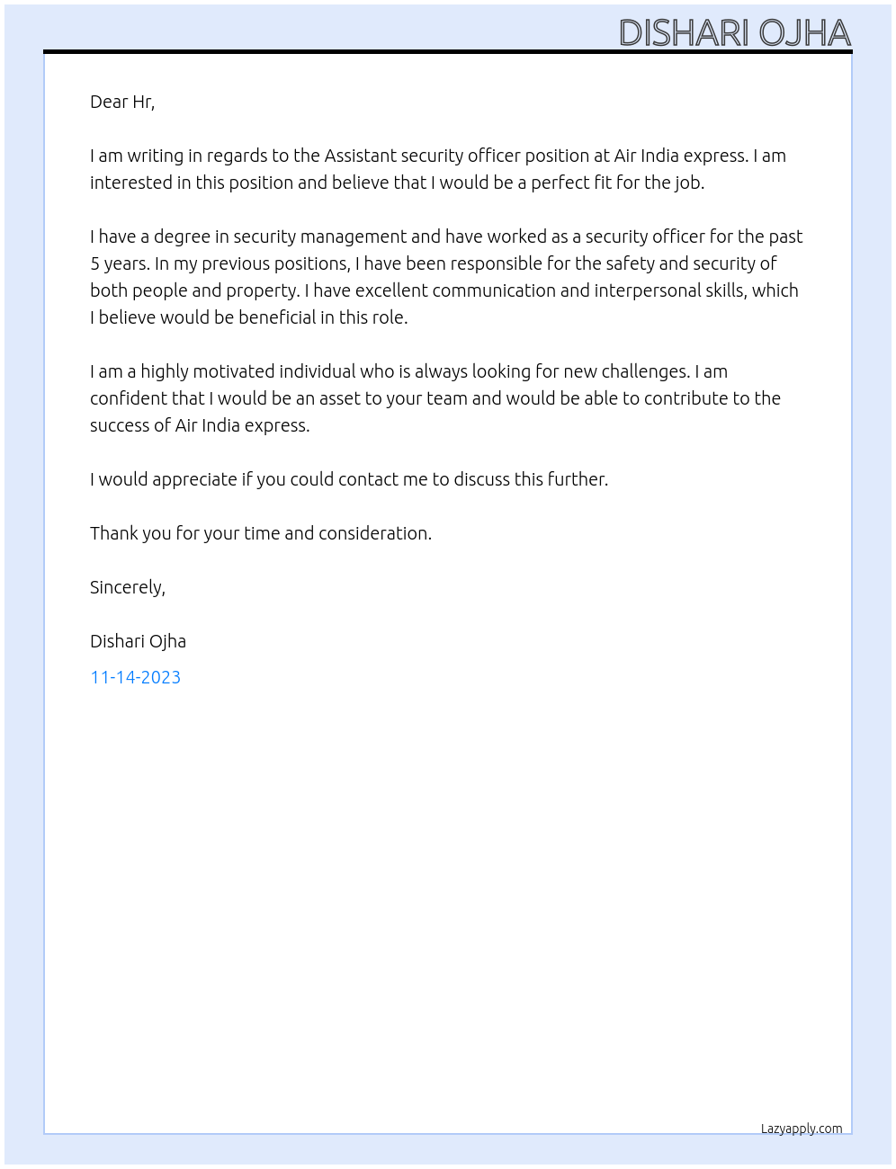 Assistant security officer At Air India express Cover Letter