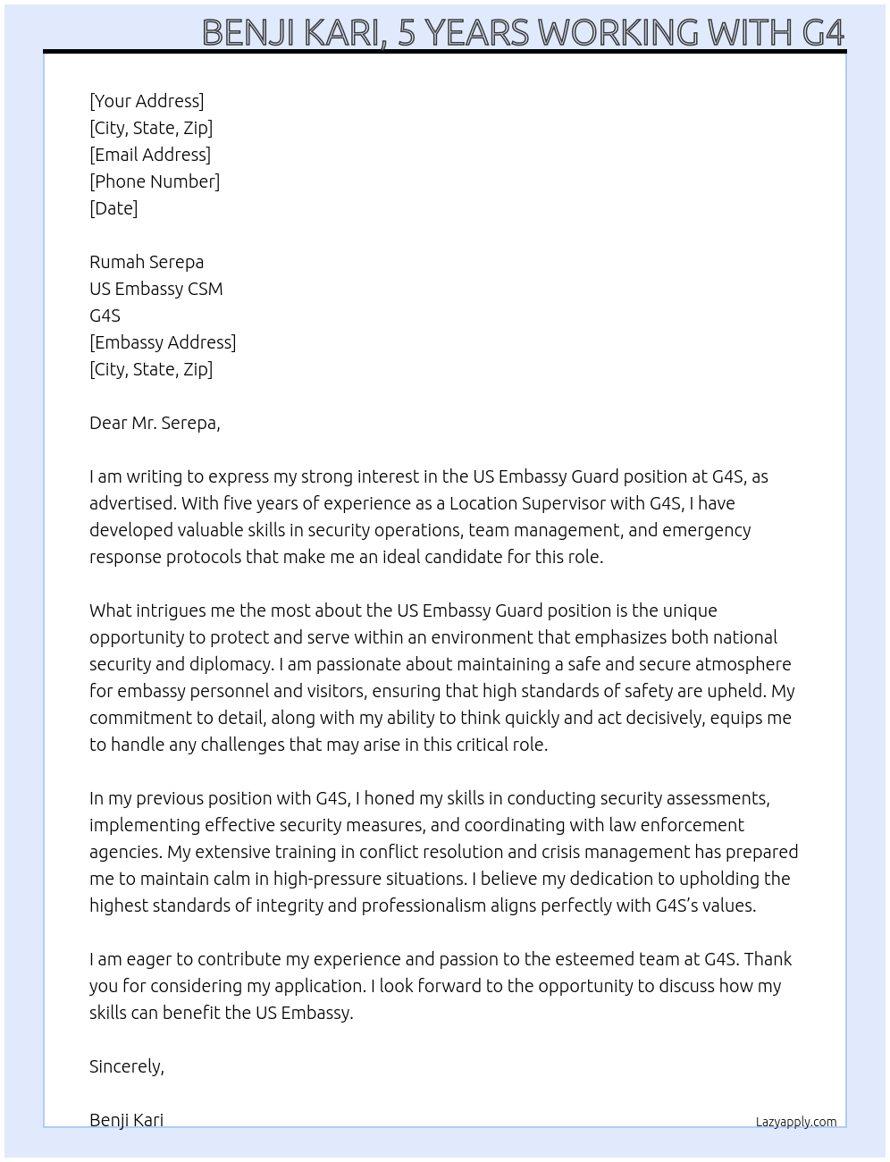 US Embassy Guard  At G4S_ US Embassy Guard  Cover Letter