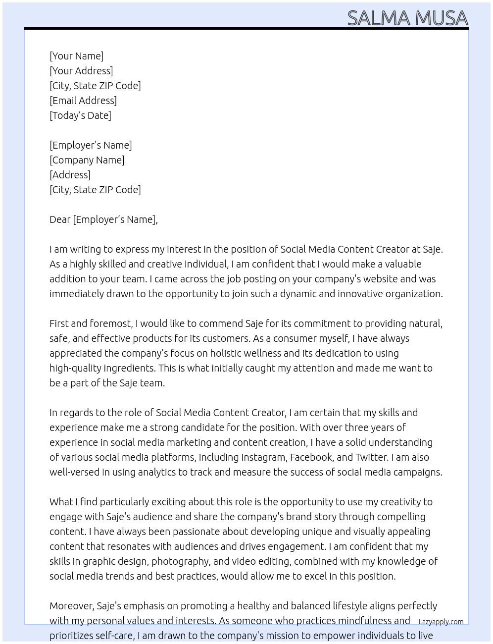 Social Media Content Creator At Saje  Cover Letter